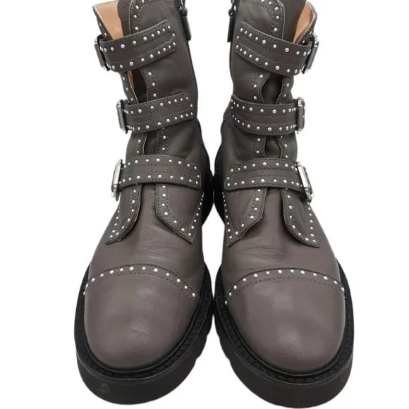 Stuart Weitzman Gray Jesse Lift Pearl Studded Leather Combat Boots SZ 7.5